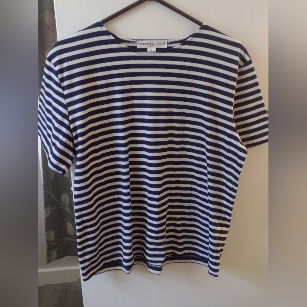 Josephine Chaus Blue and White Striped Tee Size L.